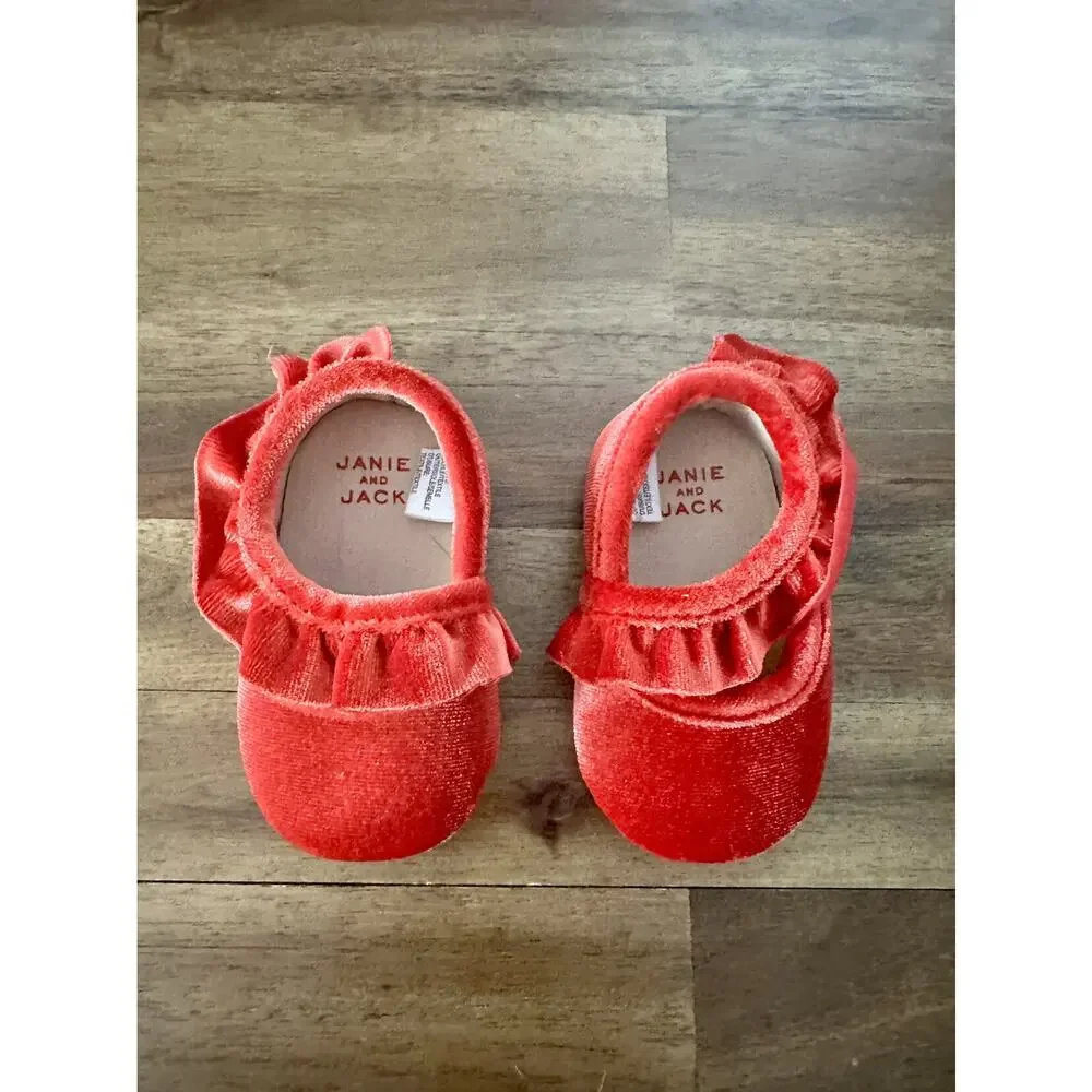 Janie & Jack Red Velvet Ruffle Crib Bootie Ruffle Baby Dress Shoes 0/3 M